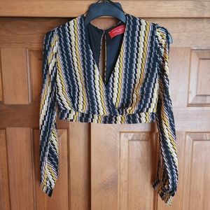 AKIRA V-Neck Striped Cropped Blouse, Long Sleeve, Black Orange Yellow, Size Sm